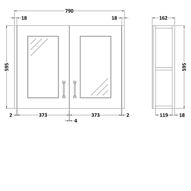 Nuie York 2 Door Mirror Cabinet 800mm Wide - Grey Woodgrain