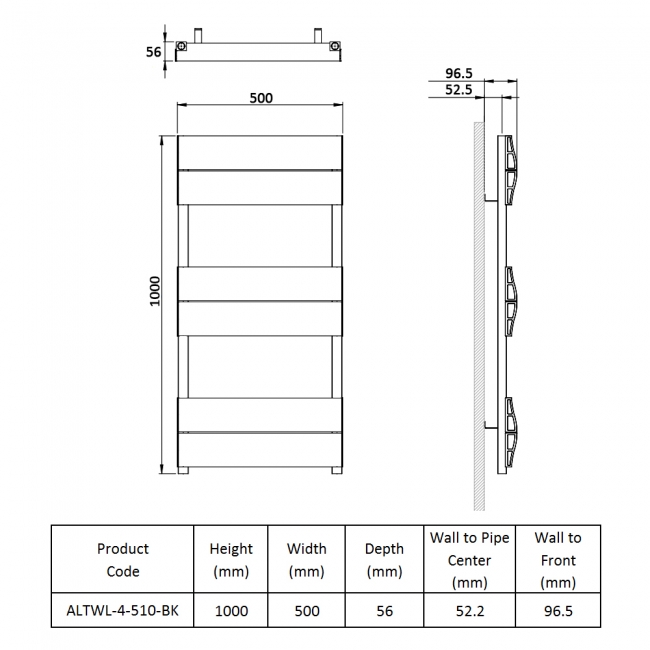 Prestige Abbotsford Designer Heated Towel Rail 1000mm H x 500mm W - Black  | Dimension Image