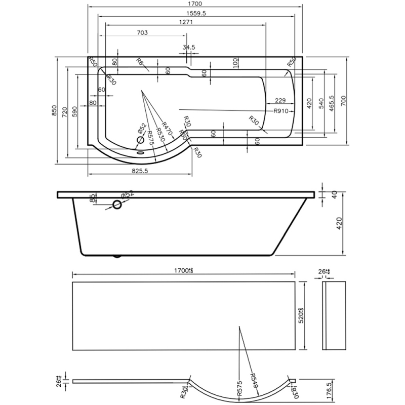 Prestige Adapt P-Shaped Shower Bath with Panel and Screen 1700mm x 700mm/850mm Left Handed