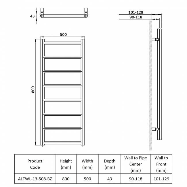 Prestige Alberta Designer Heated Towel Rail 800mm H x 500mm W - Bronze  | Dimension Image