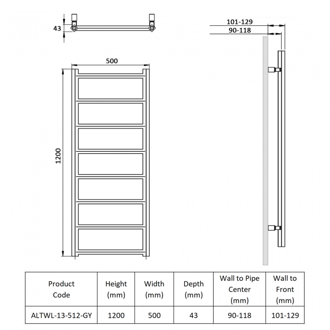 Prestige Alberta Designer Heated Towel Rail 1200mm H x 500mm W - Grey  | Dimension Image