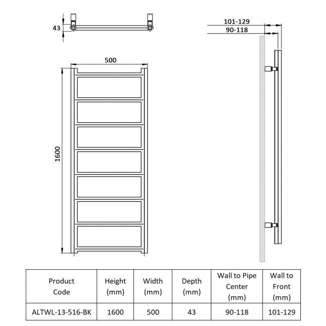 Prestige Alberta Designer Heated Towel Rail 1600mm H x 500mm W - Black  | Dimension Image