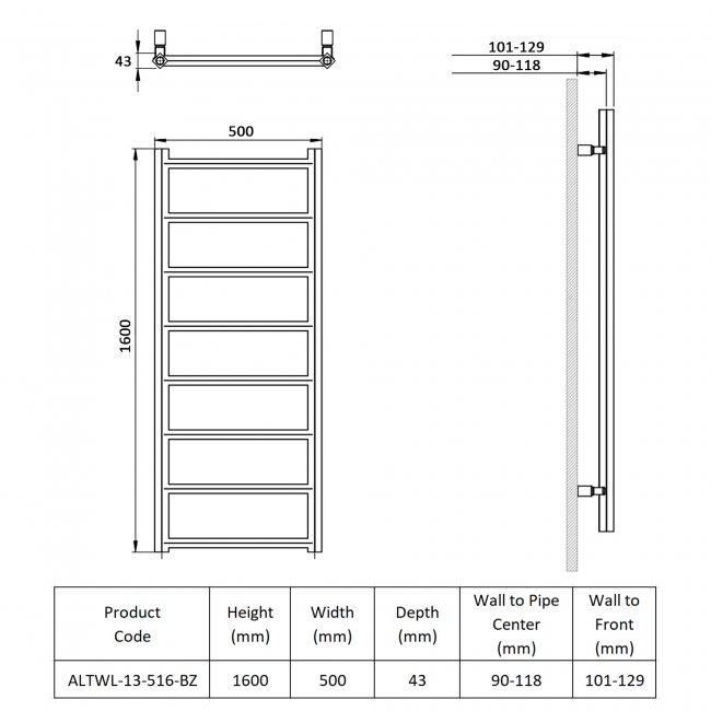 Prestige Alberta Designer Heated Towel Rail 1600mm H x 500mm W - Bronze  | Dimension Image