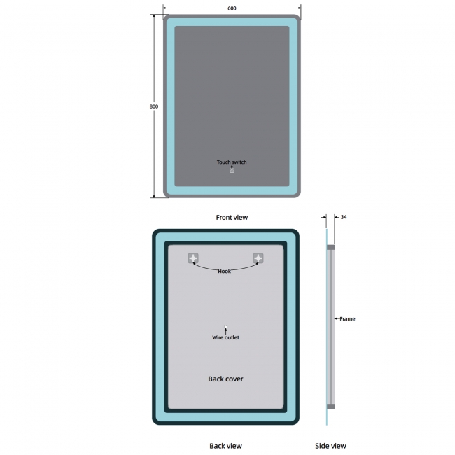 Prestige Alder LED Bathroom Mirror 800mm H x 600mm W  | Dimension Image