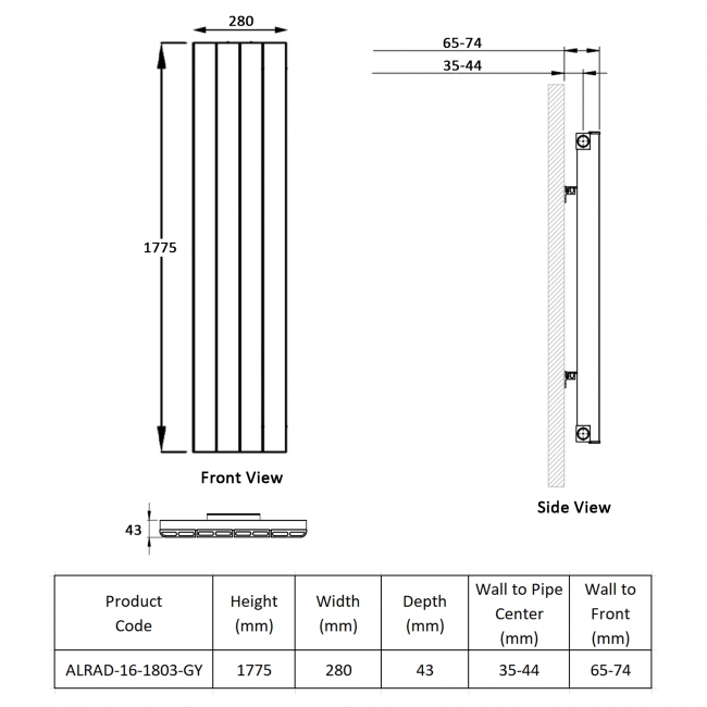 Prestige Allegro Single Vertical Aluminium Radiator 1775mm H x 280mm W - Grey  | Dimension Image