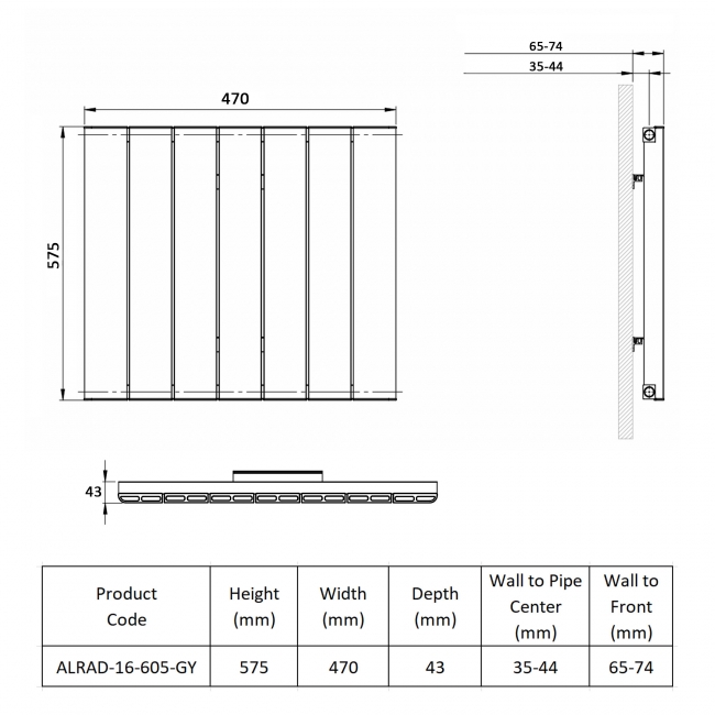 Prestige Allegro Single Horizontal Aluminium Radiator 575mm H x 470mm W - Grey  | Dimension Image