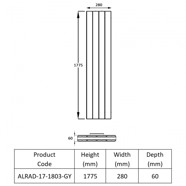 Prestige Allegro Double Vertical Aluminium Radiator 1775mm H x 280mm W - Grey  | Dimension Image
