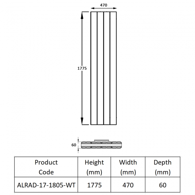 Prestige Allegro Double Vertical Aluminium Radiator 1775mm H x 470mm W - White  | Dimension Image