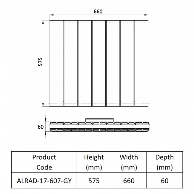 Prestige Allegro Double Horizontal Aluminium Radiator 575mm H x 660mm W - Grey  | Dimension Image