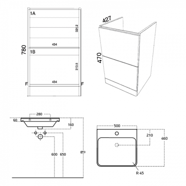 Prestige Arc Floor Standing 2-Drawer Vanity Unit with Basin 500mm Wide - Matt Cashmere
