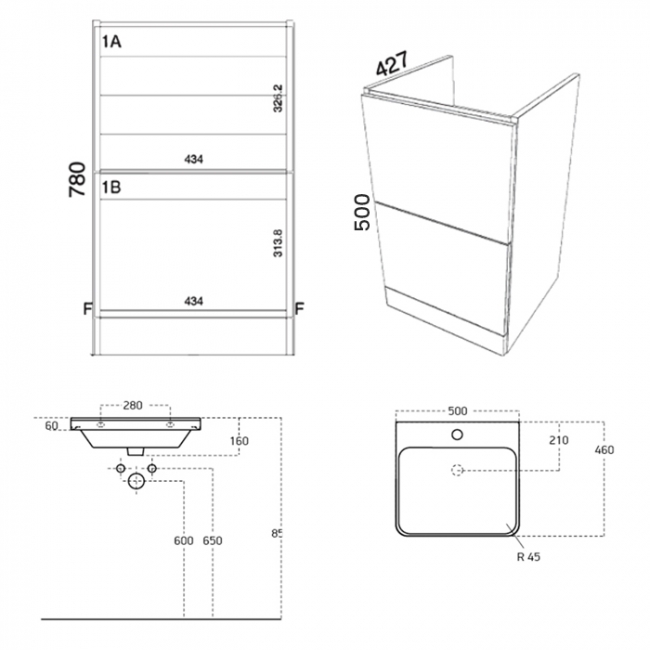 Prestige Arc Floor Standing 2-Drawer Vanity Unit with Basin 500mm Wide - Matt Graphite  | Dimension Image