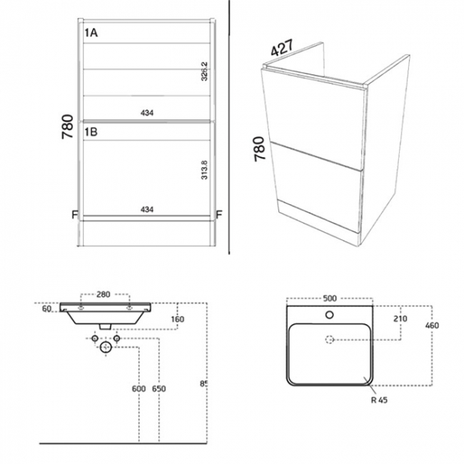 Prestige Arc Floor Standing 2-Drawer Vanity Unit with Basin 500mm Wide - Gloss White  | Dimension Image