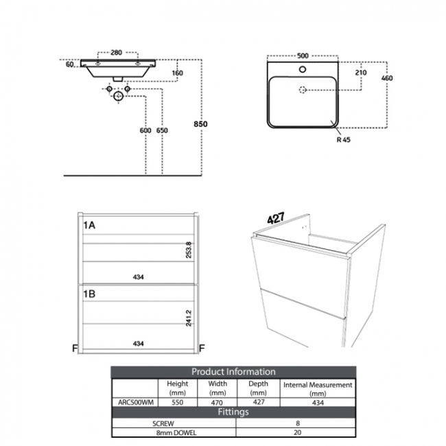 Prestige Arc Wall Mounted 2-Drawer Vanity Unit with Basin 500mm Wide - Matt Cashmere
