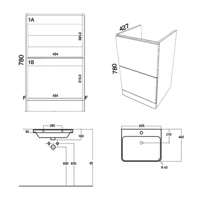 Prestige Arc Floor Standing 2-Drawer Vanity Unit with Basin 600mm Wide - Matt Cashmere  | Dimension Image