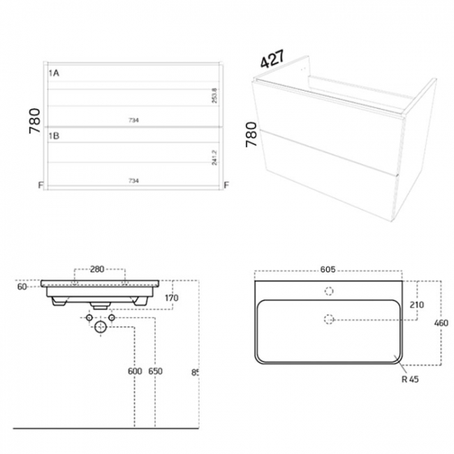 Prestige Arc Floor Standing 2-Drawer Vanity Unit with Basin 600mm Wide - Matt Graphite