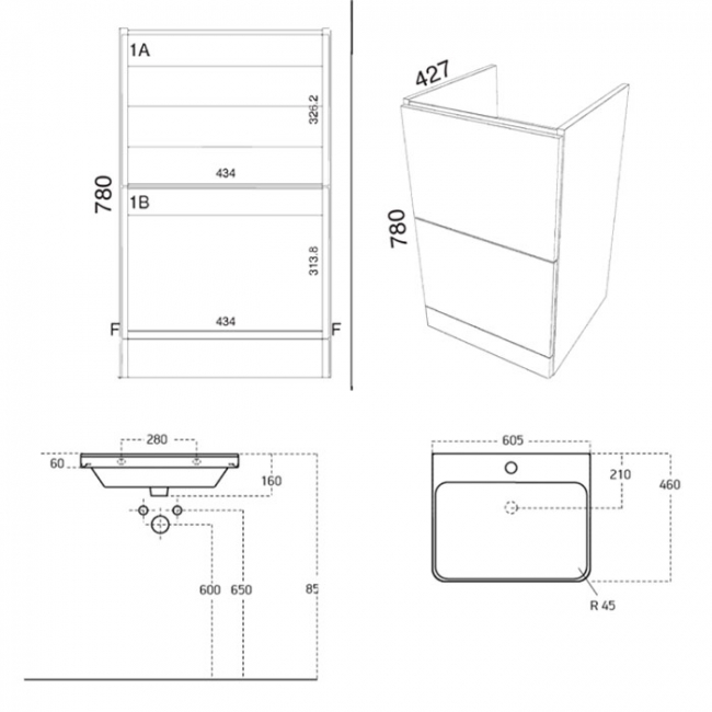 Prestige Arc Floor Standing 2-Drawer Vanity Unit with Basin 600mm Wide - Gloss White