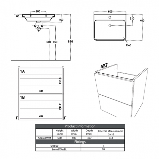 Prestige Arc Wall Mounted 2-Drawer Vanity Unit with Basin 600mm Wide - Matt Cashmere