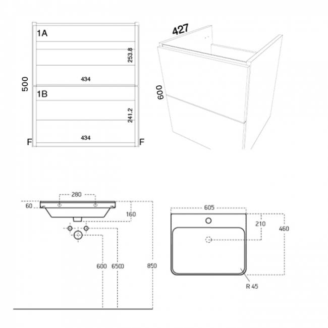Prestige Arc Wall Mounted 2-Drawer Vanity Unit with Basin 600mm Wide - Matt Graphite