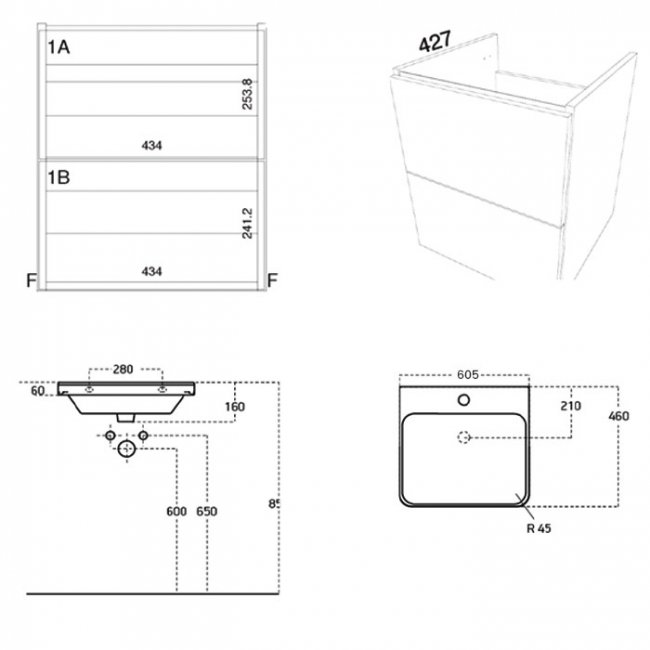 Prestige Arc Wall Mounted 2-Drawer Vanity Unit with Basin 600mm Wide - Gloss White