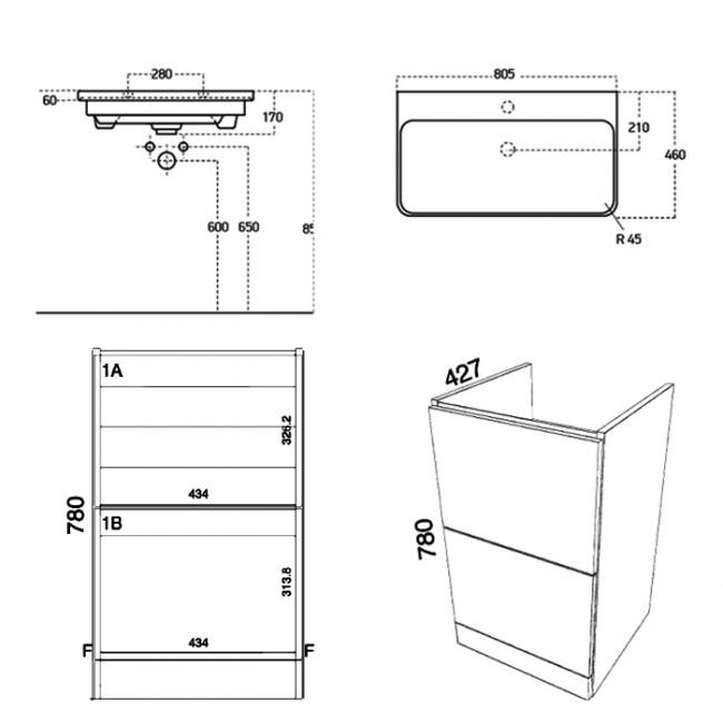Prestige Arc Floor Standing 2-Drawer Vanity Unit with Basin 800mm Wide - Matt Cashmere