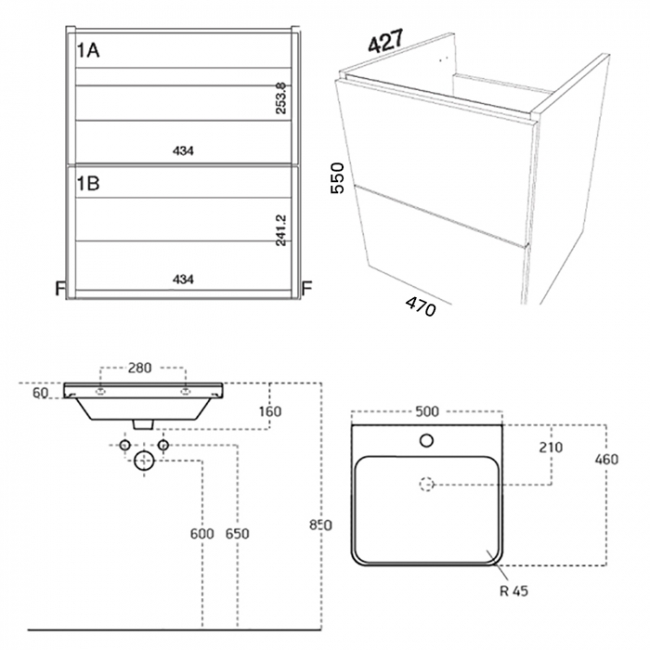 Prestige Arc Floor Standing 2-Drawer Vanity Unit with Basin 800mm Wide - Matt Graphite