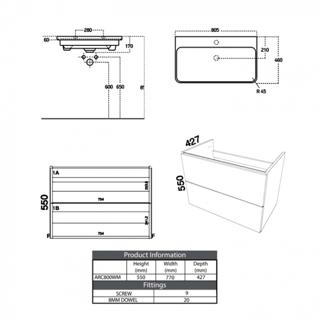 Prestige Arc Wall Mounted 2-Drawer Vanity Unit with Basin 800mm Wide - Matt Cashmere