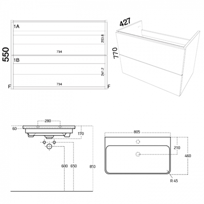 Prestige Arc Wall Mounted 2-Drawer Vanity Unit with Basin 800mm Wide - Matt Graphite  | Dimension Image