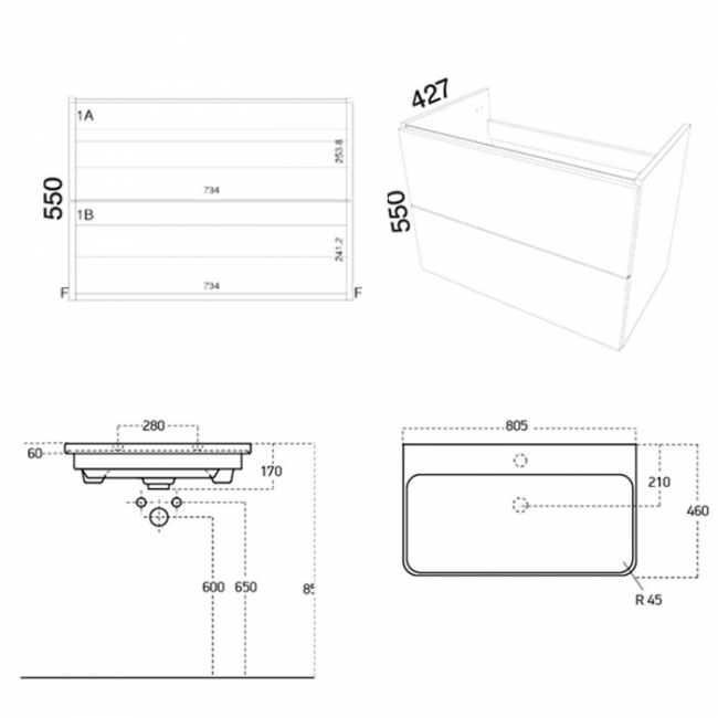 Prestige Arc Wall Mounted 2-Drawer Vanity Unit with Basin 800mm Wide - Gloss White  | Dimension Image