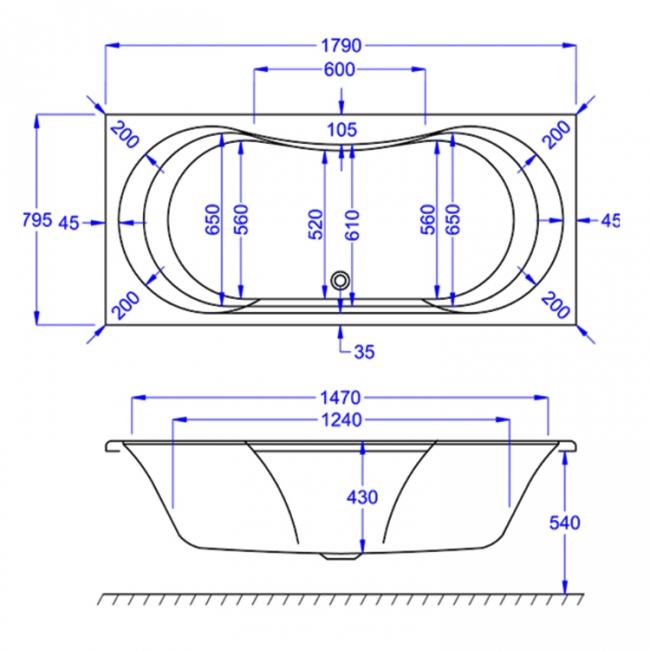 Prestige Ark Duo Rectangular Acrylic Bath 1800mm x 800mm Double Ended