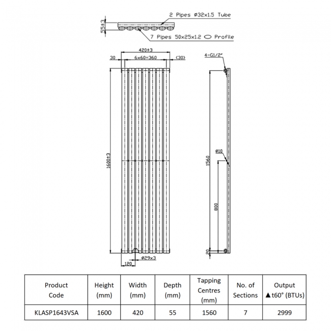 Prestige Aspen Single Designer Vertical Radiator 1600mm H x 440mm W - Anthracite