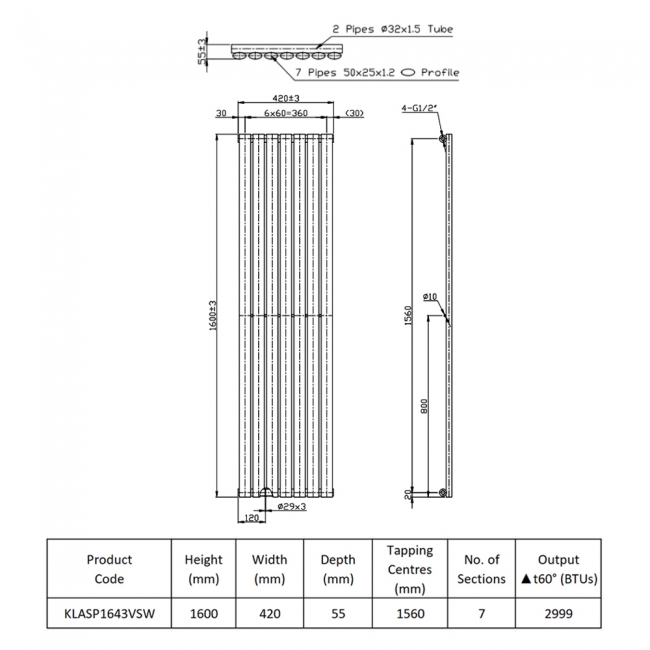 Prestige Aspen Single Designer Vertical Radiator 1600mm H x 420mm W - White