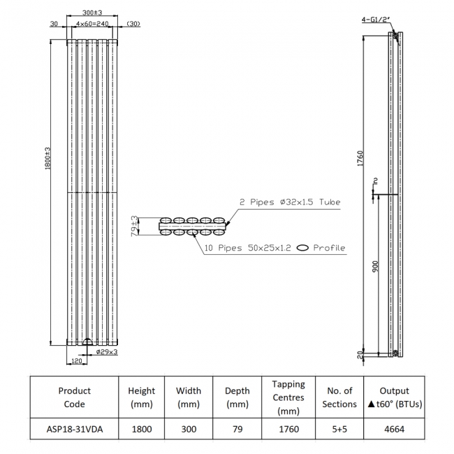 Prestige Aspen Double Designer Vertical Radiator 1800mm H x 300mm W - Anthracite