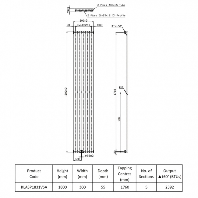 Prestige Aspen Single Designer Vertical Radiator 1800mm H x 300mm W - Anthracite