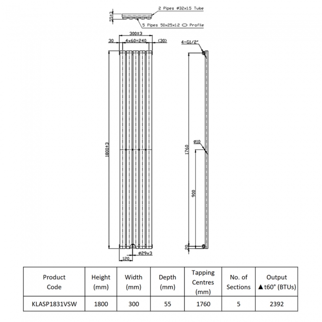 Prestige Aspen Single Designer Vertical Radiator 1800mm H x 300mm W - White