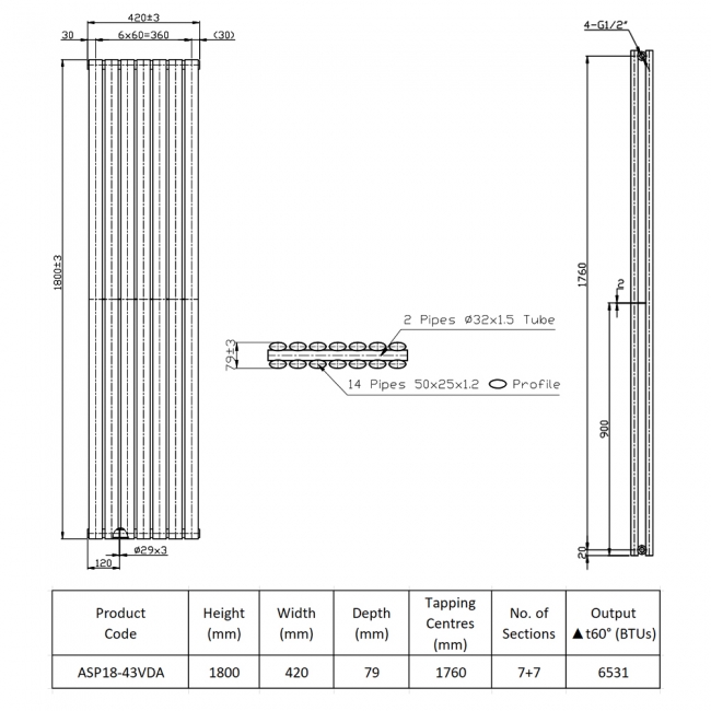 Prestige Aspen Double Designer Vertical Radiator 1800mm H x 420mm W - Anthracite