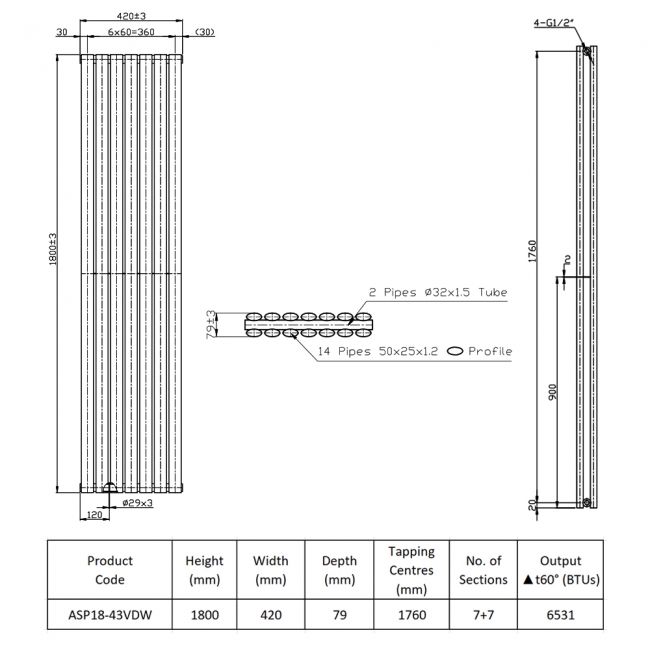 Prestige Aspen Double Designer Vertical Radiator 1800mm H x 420mm W - White