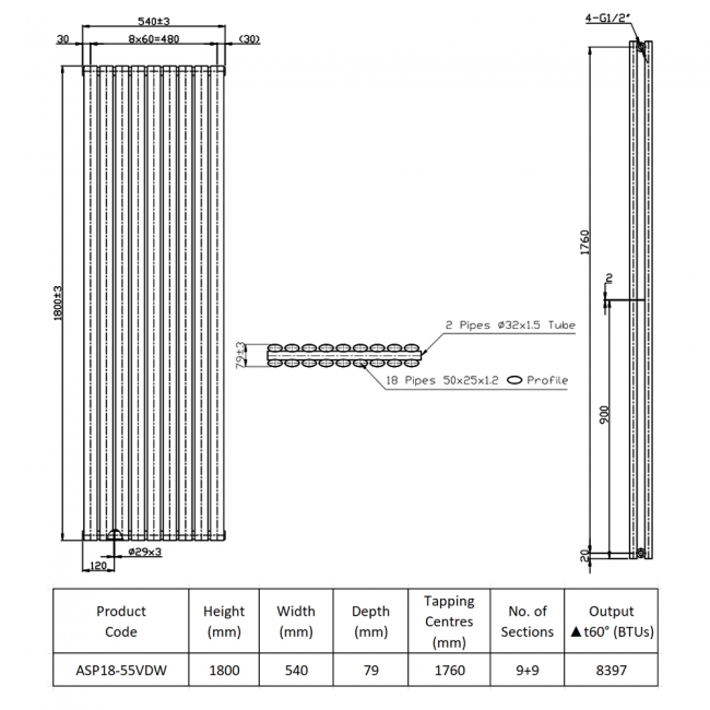 Prestige Aspen Double Designer Vertical Radiator 1800mm H x 540mm W - White