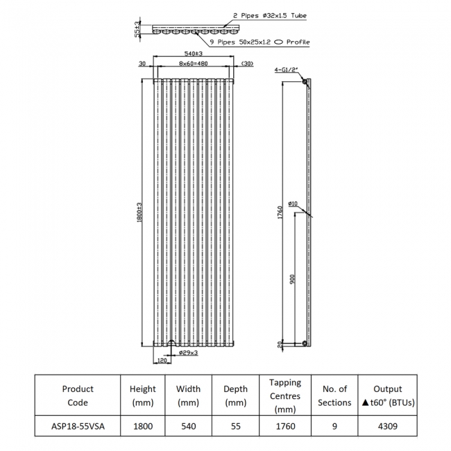 Prestige Aspen Single Designer Vertical Radiator 1800mm H x 540mm W - Anthracite
