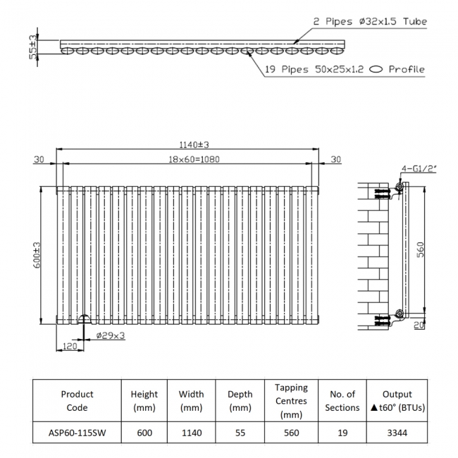 Prestige Aspen Single Designer Horizontal Radiator 600mm H x 1140mm W - White