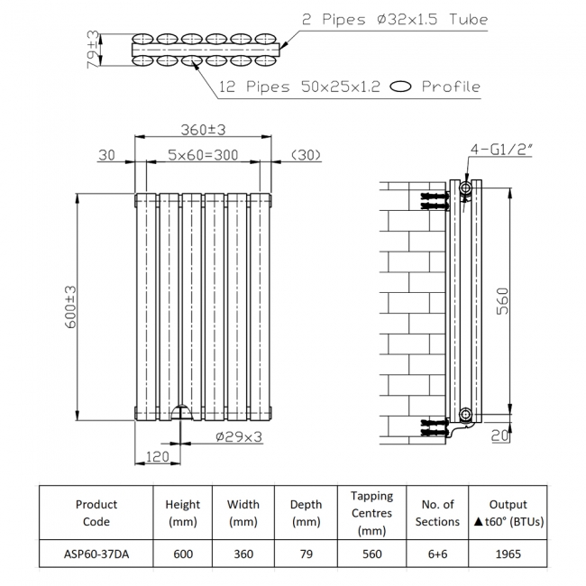 Prestige Aspen Double Designer Horizontal Radiator 600mm H x 360mm W - Anthracite