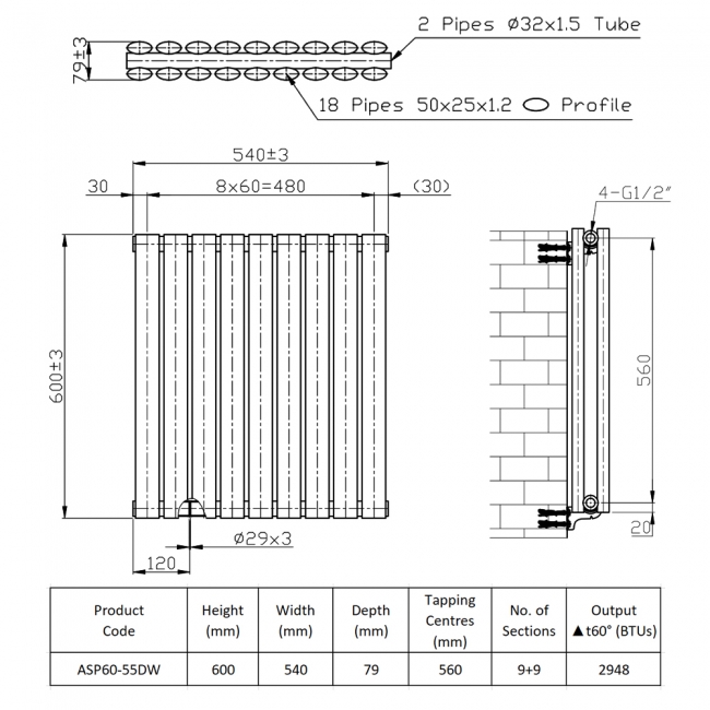 Prestige Aspen Double Designer Horizontal Radiator 600mm H x 540mm W - White
