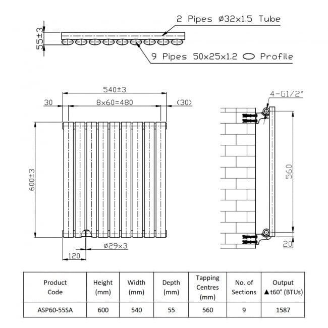 Prestige Aspen Single Designer Horizontal Radiator 600mm H x 540mm W - Anthracite