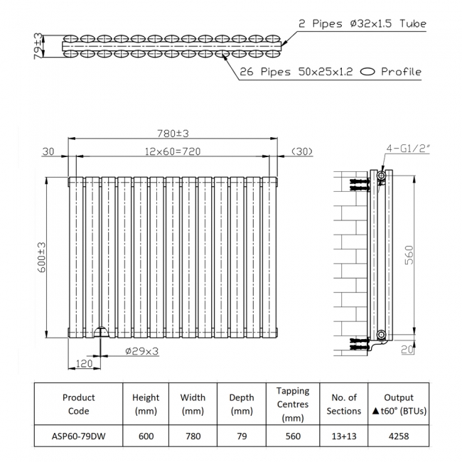 Prestige Aspen Double Designer Horizontal Radiator 600mm H x 780mm W - White