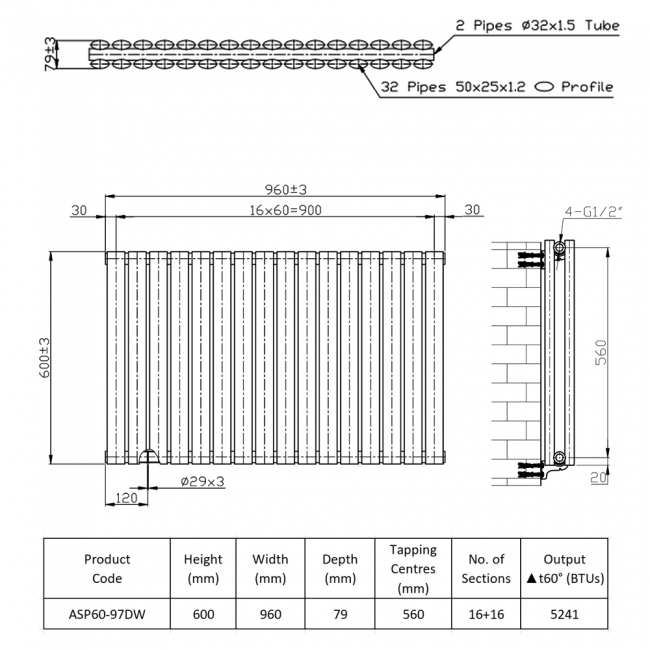 Prestige Aspen Double Designer Horizontal Radiator 600mm H x 960mm W - White