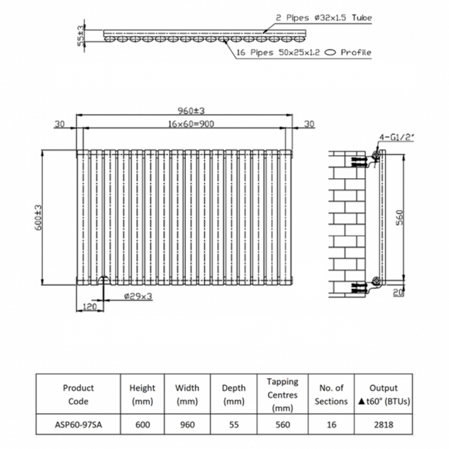 Prestige Aspen Single Designer Horizontal Radiator 600mm H x 960mm W - Anthracite