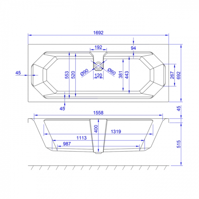 Prestige Astlea Duo Rectangular Acrylic Bath 1700mm x 700mm Double Ended