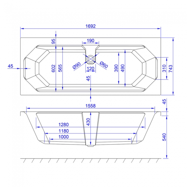Prestige Astlea Duo Rectangular Acrylic Bath 1700mm x 750mm Double Ended  | Dimension Image