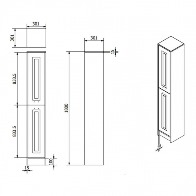 Prestige Astley Floor Standing 2-Door Side Tall Unit 300mm Wide - Matt Grey  | Dimension Image