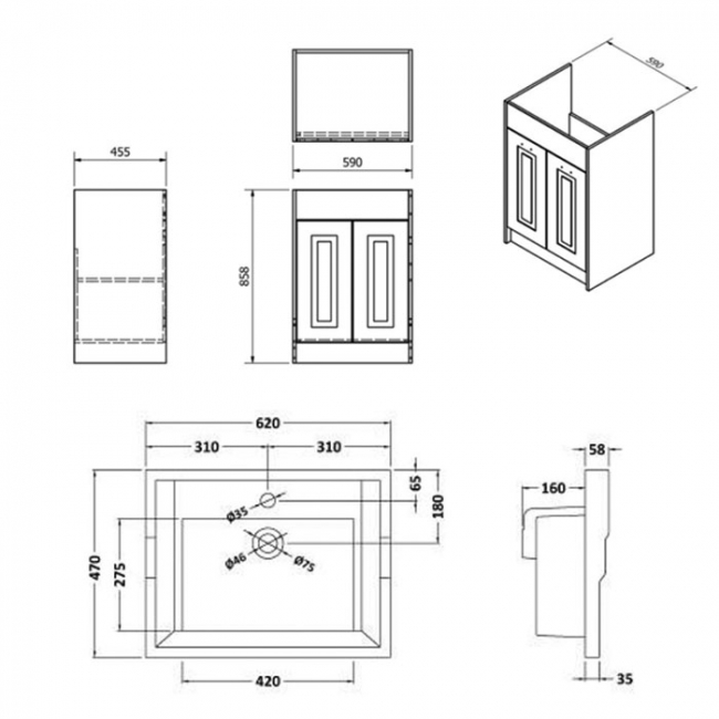 Prestige Astley Traditional Floor Standing 2 Door Vanity Unit and Ceramic Basin 600mm - Matt White