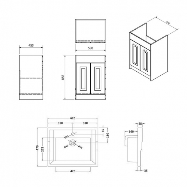 Prestige Astley Traditional Floor Standing 2 Door Vanity Unit and Ceramic Basin 600mm - Matt Grey
